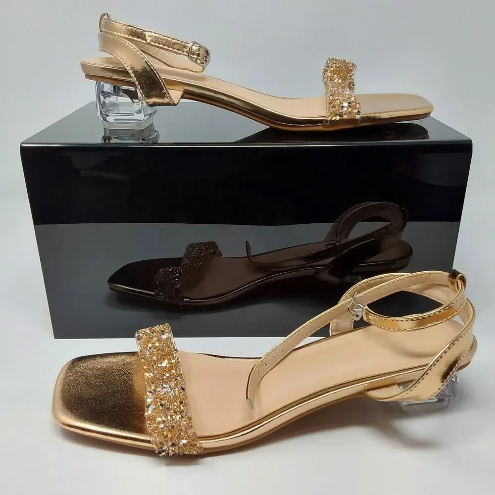 Womens Gold Rhinestone Sandals EU 42 Clear Block Heel Ankle Strap Dress Shoes
